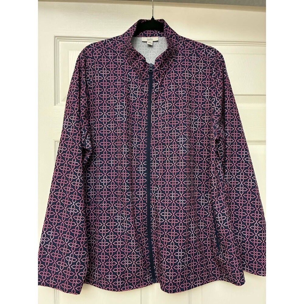 Croft & Barrow Women Zip‎ Front Jacket Navy Pink Geometric Print Stretch Top XXL